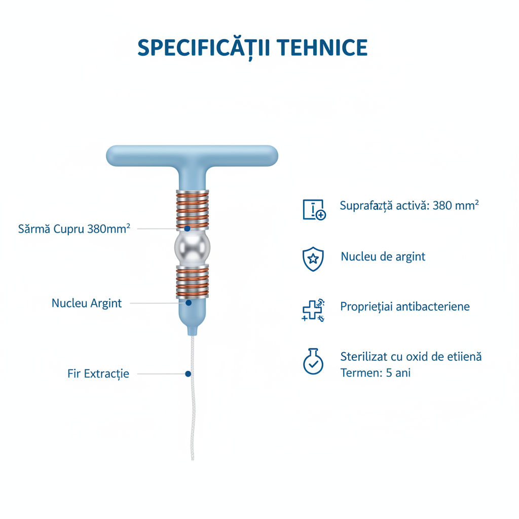 Specificații tehnice Sterilet T 380 Ag - Suprafață activă 380mm² cupru cu miez de argint antibacterian