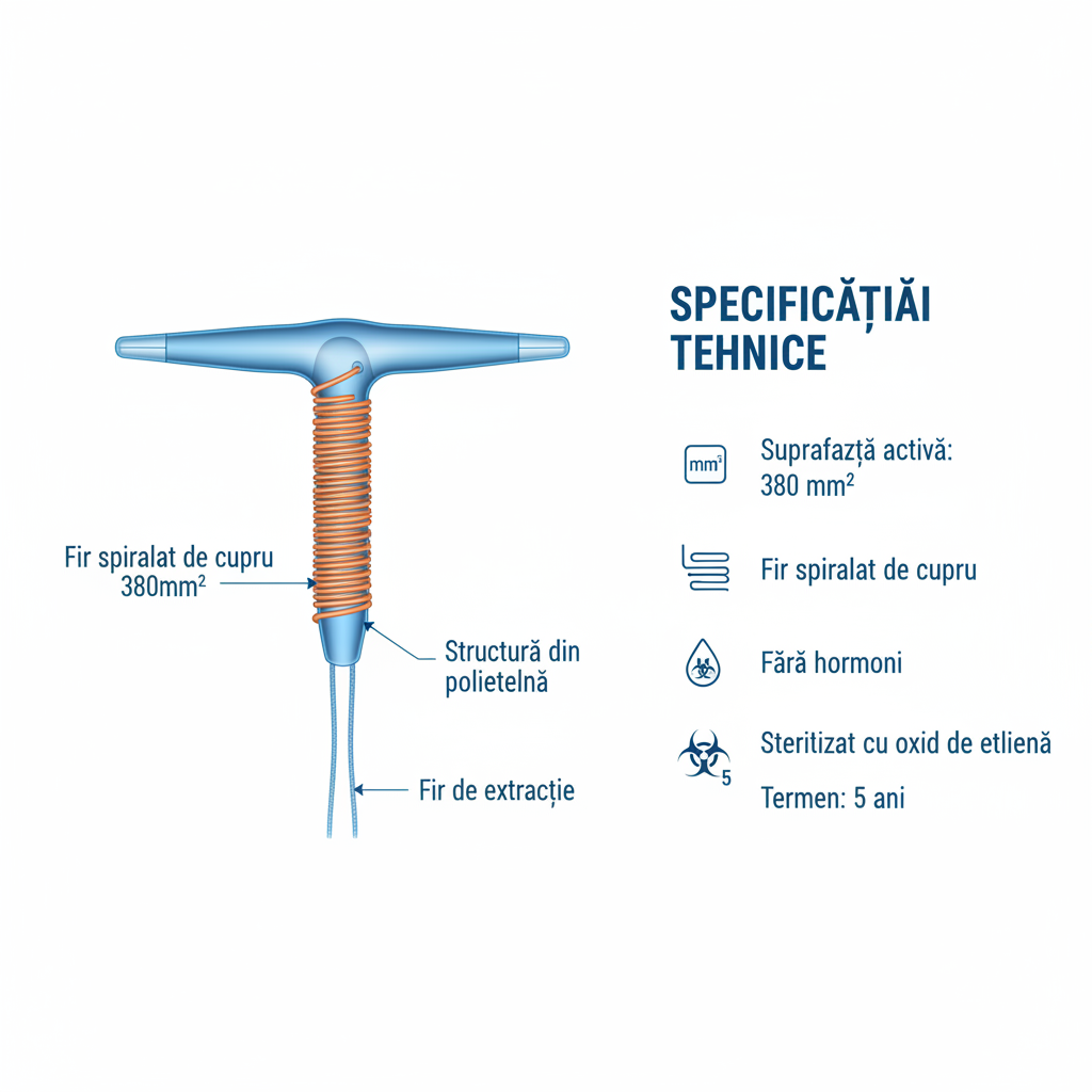Specificații tehnice Sterilet T 380 Cu - Suprafață activă 380mm² fir spiralat de cupru